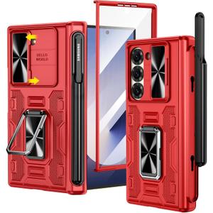 VEGO for Z Fold 6 Case with S Pen Holder, with [Hinge Protection][360-degree Rotating Kickstand][Slide Camera Cover][Front HD Screen Protector] Protective Cover for Samsung Galaxy Z Fold6 - Red