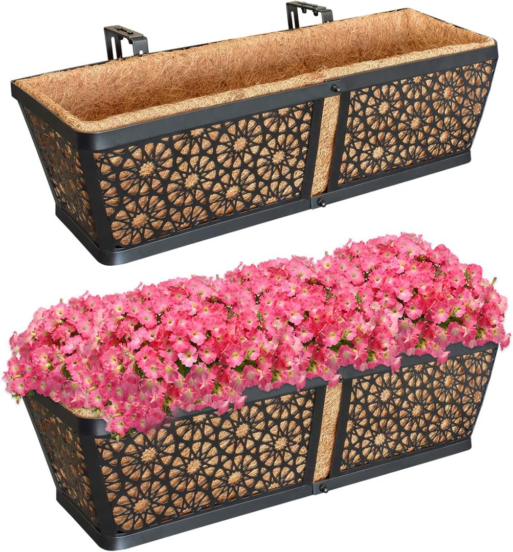ZeeDix 2 Packs 24" Window Box Railing Planter with Coco Liner, Metal Black Hanging Flower Planter Deck Railing Boxes with Coir Liner for Outdoor, Fence, Porch and Patio (24in-2pcs)