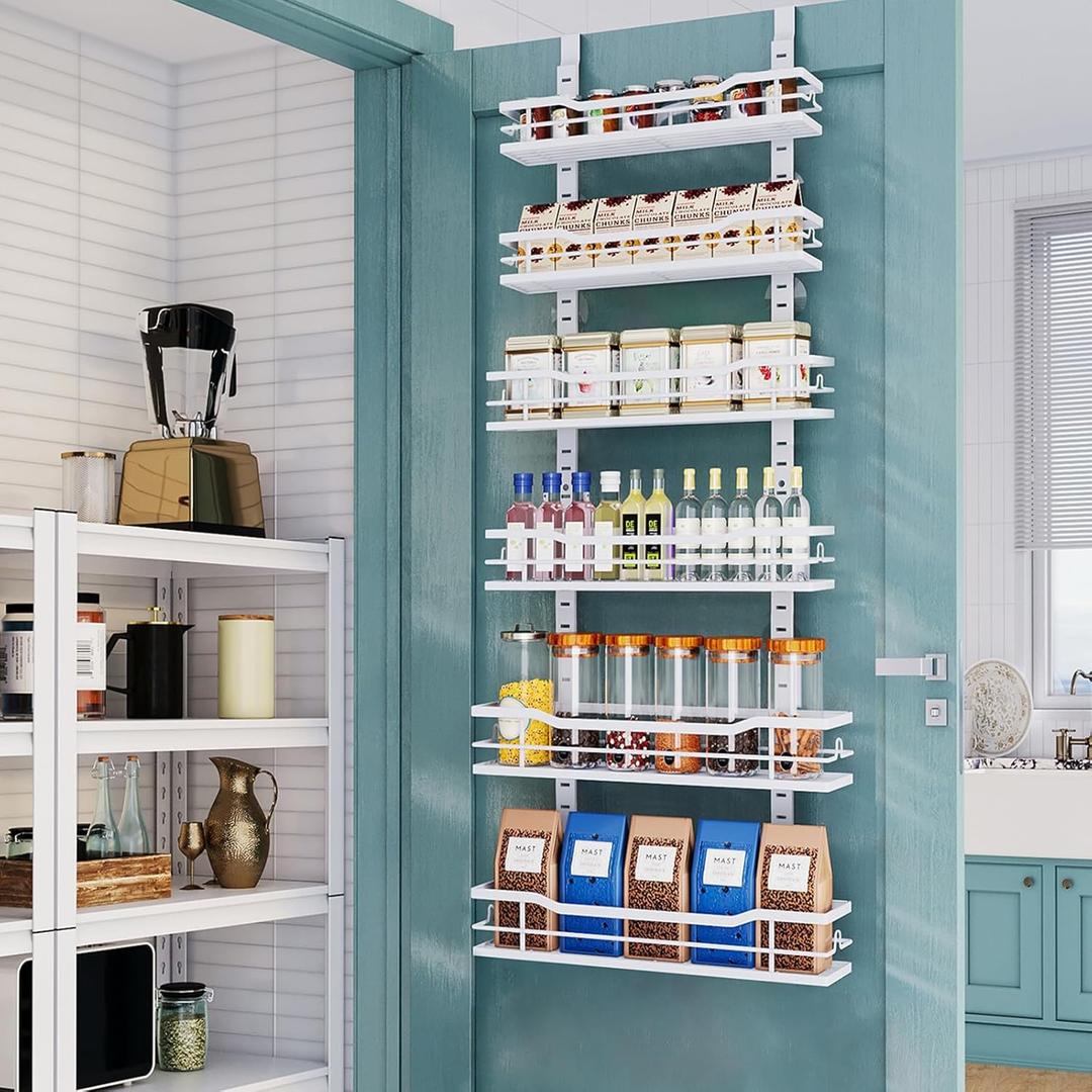 Over The Door Pantry Organizer6-Tier Over The Door Organizer with Adjustable Basket Metal Hanging Pantry Organizers and Storage for Kitchen, Back of Door Seasoning Rack (White)