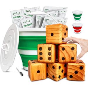 SWOOC Yardzee, Farkle & 20+ Games - Light-Weight Yard Dice Game Set (All Weather) with Collapsible Bucket, 5 Big Laminated Score Cards, and Marker (Choose 2.5in or 3.5in Dice) Yard Games (Green)