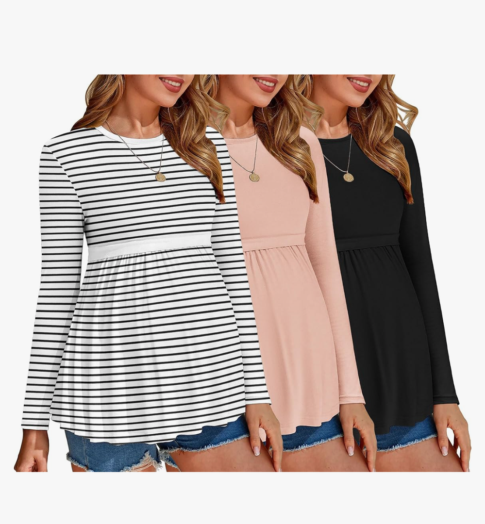 Ekouaer Maternity Shirts 3 Packs Tunic Long Sleeve Tops Pleated Casual Pregnancy Clothes Black/ Pink/ White, Size: M