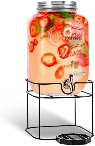 2 Gallon Glass Beverage Dispenser with Stainless Steel Spigot on Metal Stand - Decorative Mason Jar Dispenser For Sun Tea, Iced Tea or Kombucha