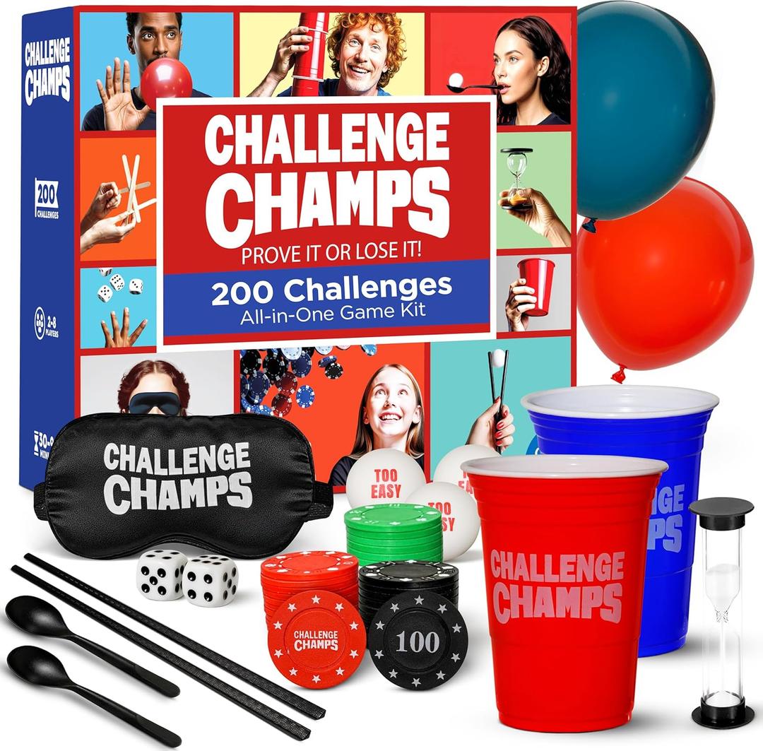 Action Party Game  200 Skill Challenges for Team Building, Family Game Night | Complete Set for Adults, Teens, Kids 8+ with 10+ Accessories | Competitive Group Activity