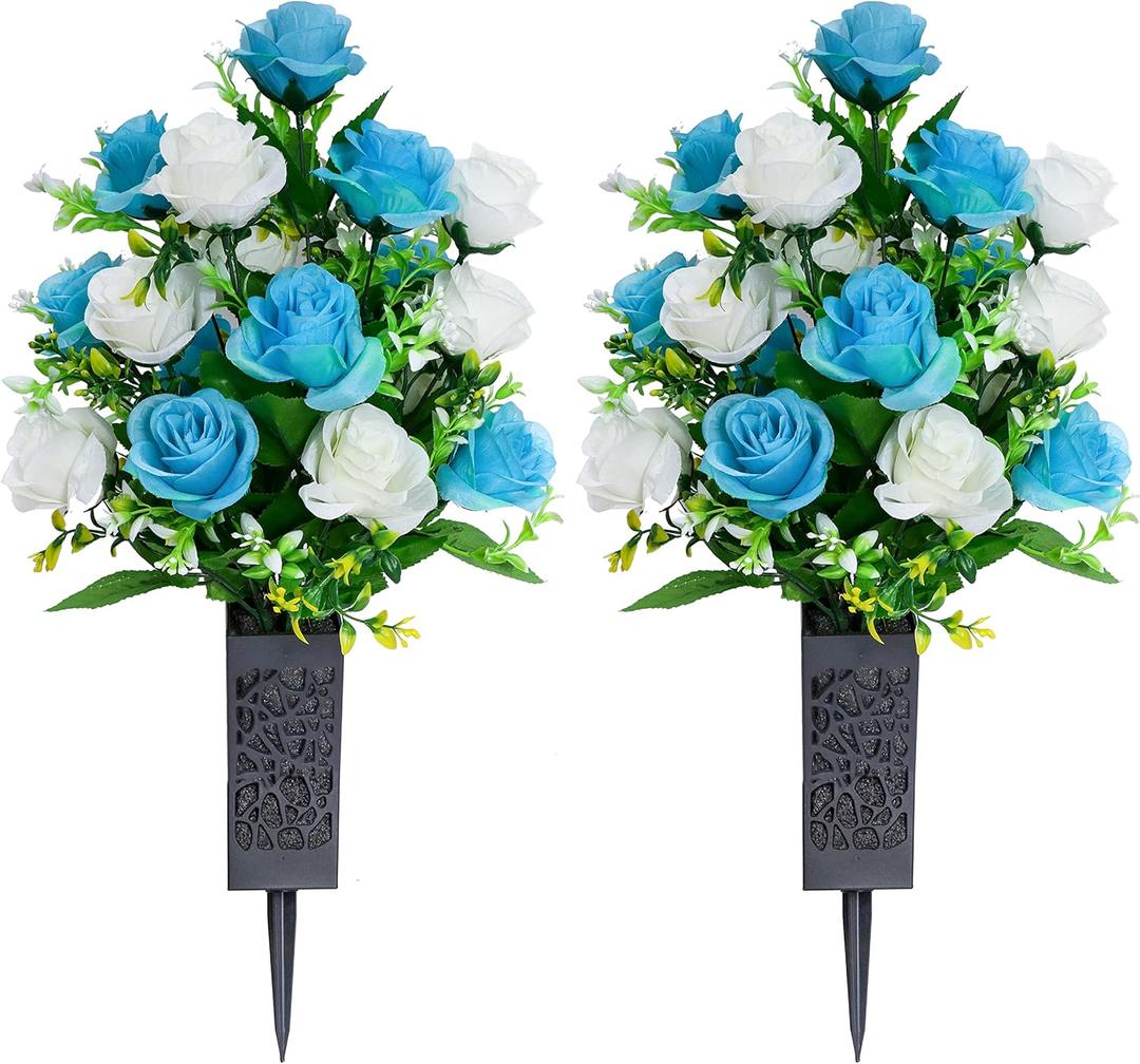 LVXINLI 2 Sets Artificial Cemetery Flowers,Memorial Flowers,Beautiful Arrangements for Headstones,Black Plastic vase with Drainage Hole Long Spikes Outdoor Memorials(Dark Blue)…