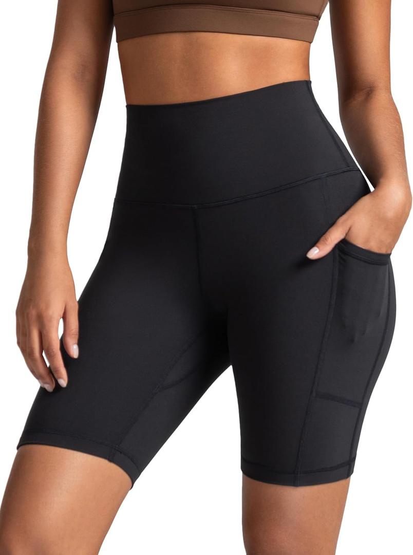 Colorfulkoala Women's High Waisted Biker Shorts with Pockets 8" /10" Inseam Workout Yoga Shorts Running Tights (Large, Black)