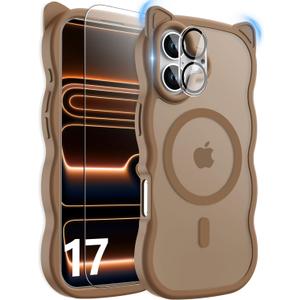 2 x 3 in 1 Magnetic for iPhone 17 Case for Women Girls,1X Screen Protector+1X Camera Lens Protector,Compatible with MagSafe,Translucent Matte,Cute Cat-Ear Wavy Phone Case,6.3",Brown