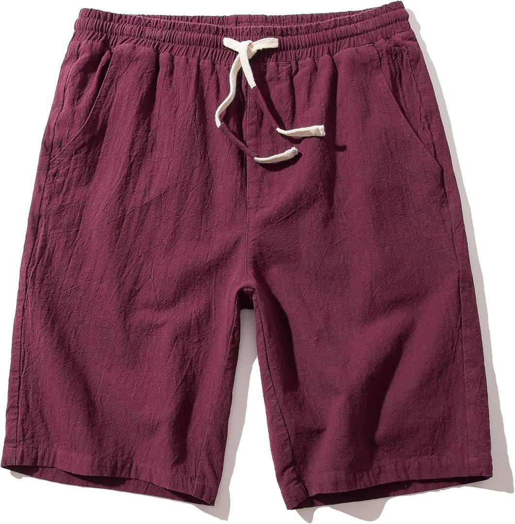 SIR7 Men's Linen Casual Classic Fit 11 Inch Inseam Elastic Waist Shorts with Drawstring (X-Large, Wine)