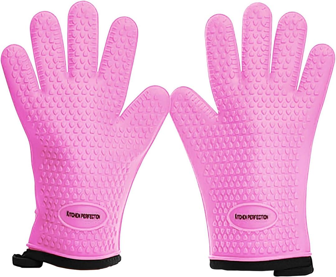 KITCHEN PERFECTION Silicone Smoker Oven Gloves -Extreme Heat Resistant BBQ Gloves-Handle Hot Food Right on Your Grill Fryer & Pit| Waterproof Grilling Cooking Baking Mitts| Superior Value Set+3 Bonuses (One Size Fits Most, Pink)