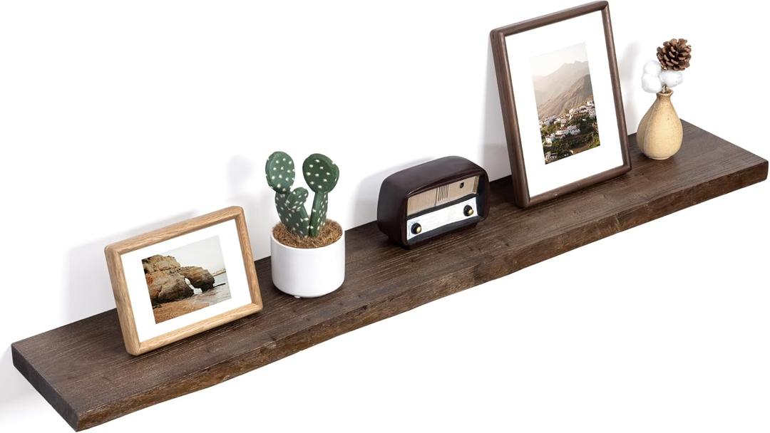 Floating Shelves for Wall Decor, Rustic Solid Elm Wood Floating Shelves Wall Mounted, Wall Shelves with Invisible Bracket for Living Room Bathroom Bedroom Kitchen, 48 Inch, Walnut (48inch)