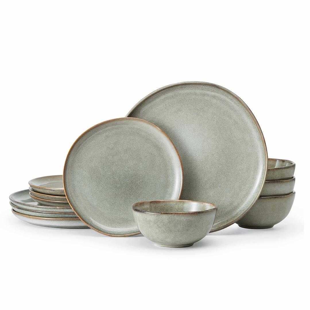 KINGSTONE Stoneware Dinnerware Sets, 12-Piece Reactive Glaze Porcelain Plates and Bowls Sets for 4, Handcrafted Rustic Ceramic Dishes Set, Highly Scratch Resistant, Dishwasher & Microwave Safe, Grey