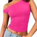 Trendy Queen Womens Summer Cute Going Out Short Sleeve Tops Crop Tank Top Tube Tight Shirts Y2K Basic Corset Asymmetrical Tshirt Holiday Preppy Outfits 2024 Fashion Tee Bright Pink M
