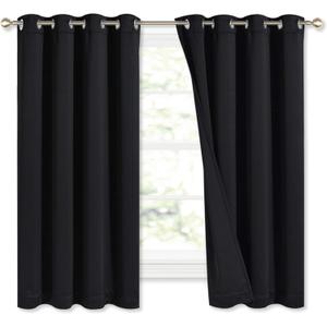 NICETOWN Complete 100% Blackout Curtains, Thermal Insulated Energy Efficiency Window Draperies with Black Liner, Noise Reducing Short Curtains for Kids Room (Black, 52-inch W by 63-inch L, 2 Panels)