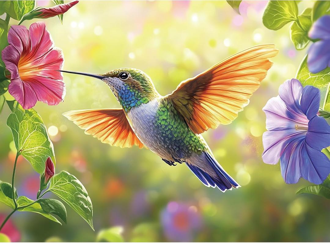 300 Pieces Puzzle for Adults, Spring Hummingbird Flowers Large Pieces Jigsaw Puzzle for Kids Adults, Recycled Paper, Glossy & Sturdy Pieces, Challenging Puzzle & Perfect Family Game, 20.5 x 15 in
