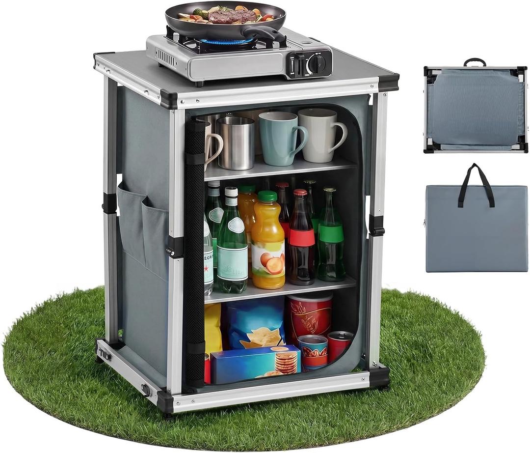 VEVOR Folding Camping Storage Cabinet, Outdoor Portable Aluminum Lightweight Table, Quick Set-up Compact Kitchen Cook Station, with 3 Shelves and Carry Bag, for Picnic, BBQ, Camping, RV Traveling, 24 x 20.1 x 31.5 in