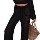 Pink Queen Women's Swimsuit Cover Up Set 2 Piece Crochet Long Sleeve Crop Top Wide Leg Pants Beach Coverups Outfits (Medium, Black)