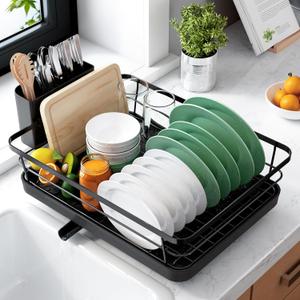 Kitsure Dish Drying Rack for Kitchen Counter, Stainless Steel Sink Organization and Storage Essentials with Cutlery Holder, Home and Appartment Decor, 12''W x 15.5''L, Black