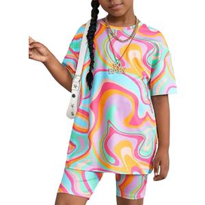 Girls 2 Piece Outfit Set Oversized Graphic Tshirts and Leggings Short Sleeve Top + Biker Shorts Kids Summer Clothes