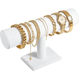 TENINYU Hovering T-Bar Bracelet Necklace Earring Bangle Pendants Anklet Tower Watch Key Jewelry Display Stand for Home Organization (White Leatherette)