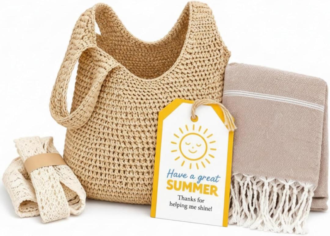 Hahafelt 2 Pcs End of Year Teacher Appreciation Gifts Crochet Tote Bag and Turkish Beach Towel for Women Teacher Summer Vacation Gift Beach Mesh Tote Bag Aesthetic Boho Pool Towel Travel Essentials