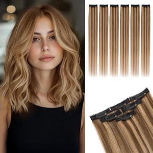 Rich Choices Real Human Hair Clip In Extensions-6 Pcs Single Clip Design-Invisible Clip in Extensions for Thin Short Hair-Hairpieces for Women-10 Inches #4P27 Medium Brown Highlighted Dark Blonde