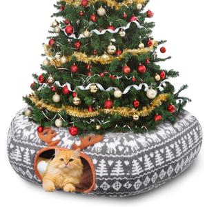 Christmas Cat Tunnel Bed - Cat Tunnels Christmas Tree Skirt for Indoor Cats - Soft Plush Cats Donut Cave with Washable Mat, Pet Play Toy Xmas Decor for Kitten, Rabbit, Puppy, Small Animal (Large, Grey)