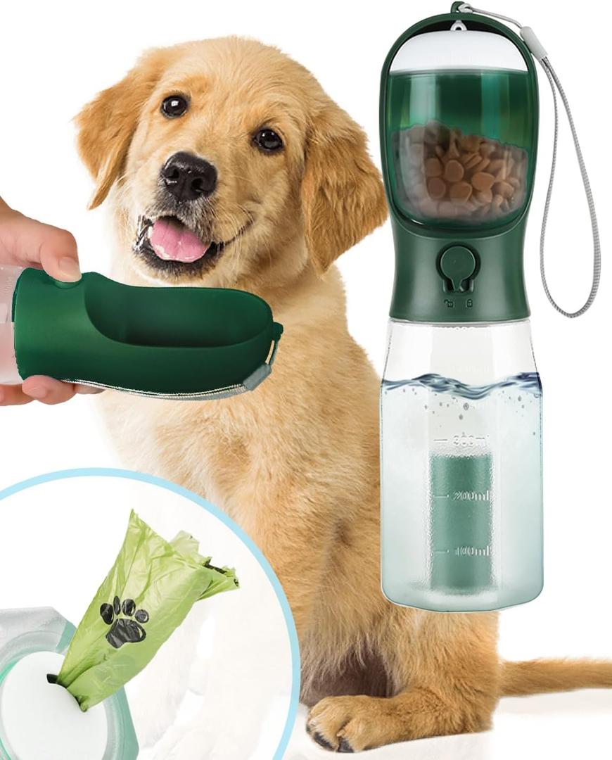 CO'ESSTRA Pet Water Dispenser - Portable Dog Travel Water Bottle with Feeder - 20oz Leak Proof - Poop Bag Included - Perfect for Walking, Hiking, Camping with Puppies and Dogs