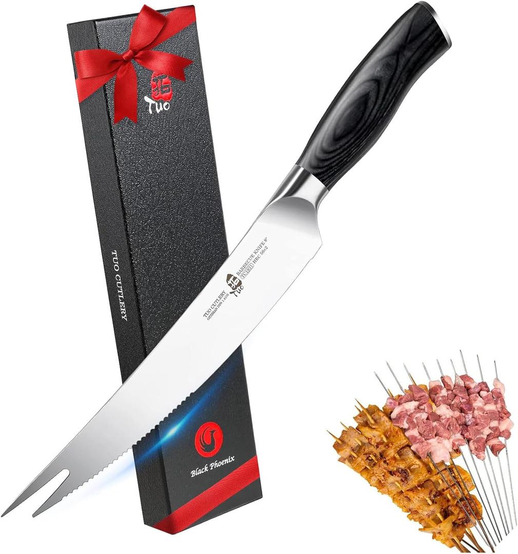 TUO BBQ Knife, 8 inch Roast Cutting Knife with Fork Tip for Grilled Meat Cutting, Serrated Edge, High Carbon German Steel, Comfortable Pakkawood Handle (1.4")