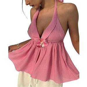 HOXIJIA Women 3D Flower Halter Top Sexy Deep V Neck Solid Color Ruffled Hem Backless Tank Top Summer Beach Flowy Camisole, Pink Large