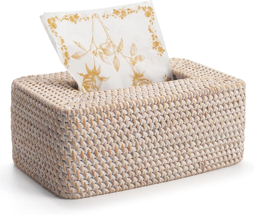 Rattan Tissue Box Cover, Rectangular Wicker Tissue Box Holder, Decorative Woven Facial Tissue Holder for Bathroom, Kitchen, Living Room, Bedroom (Whitewash)