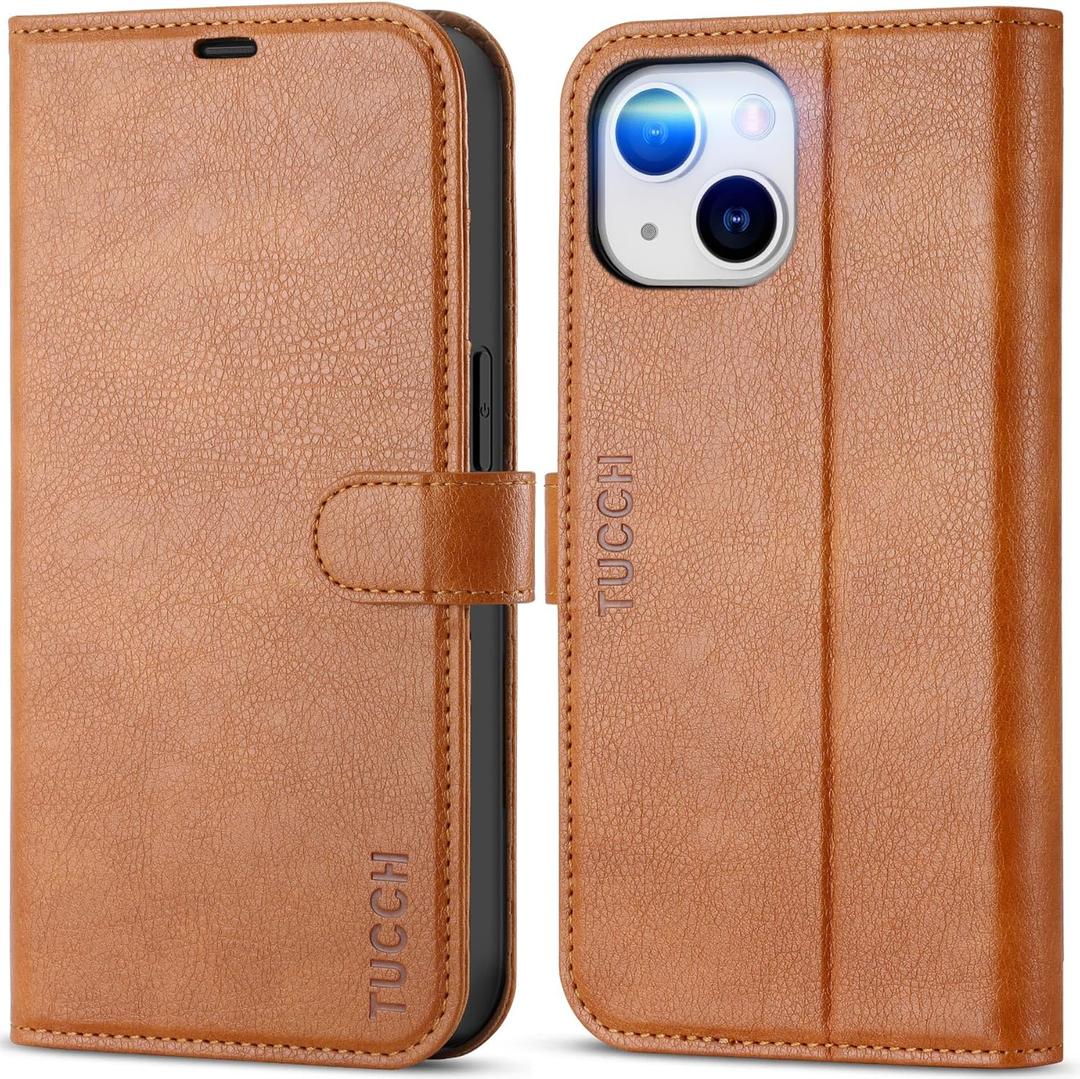 TUCCH Wallet Case for iPhone 13, [RFID Blocking] Card Slots Holder Stand [Shockproof TPU Interior Case] PU Leather Magnetic Protective Flip Cover Compatible with iPhone 13 6.1" 2021, Textured Brown