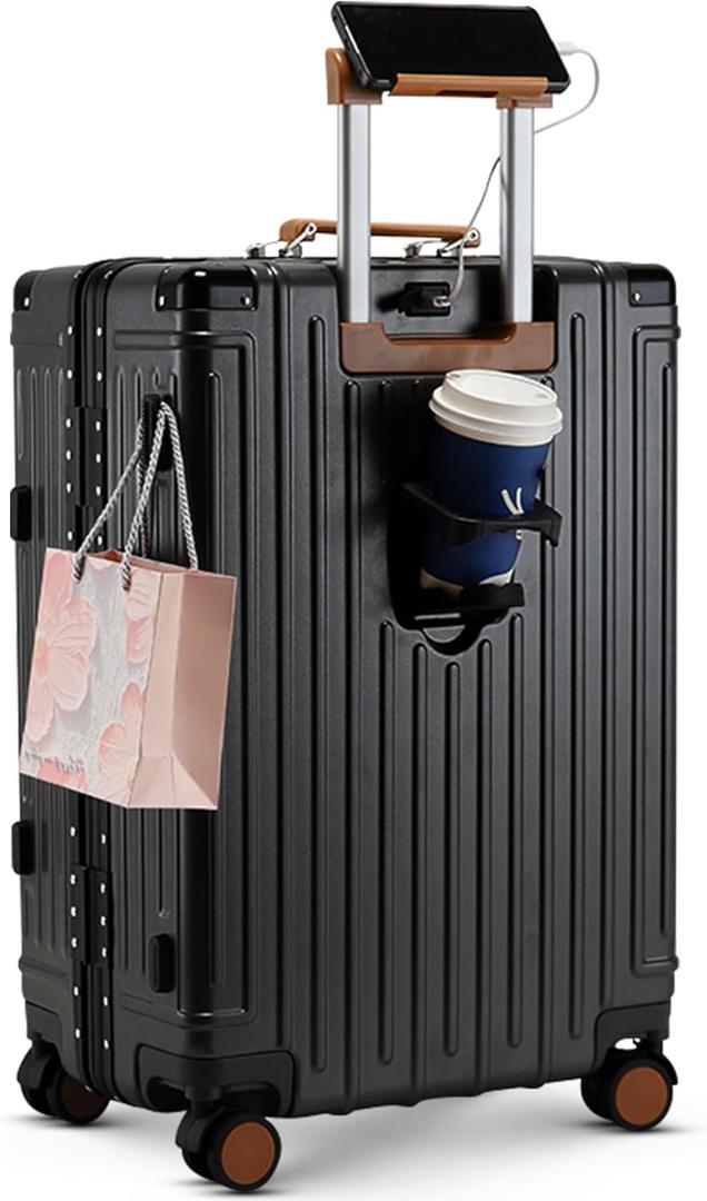 22 inch carry on luggage suitcase locks TAS approved Hardside Lightweight Suitcase with Cup Holder TSA Lock Carry On Luggage with USB Port Phone Holder suitcases with 360 8 Double Spinner Wheels