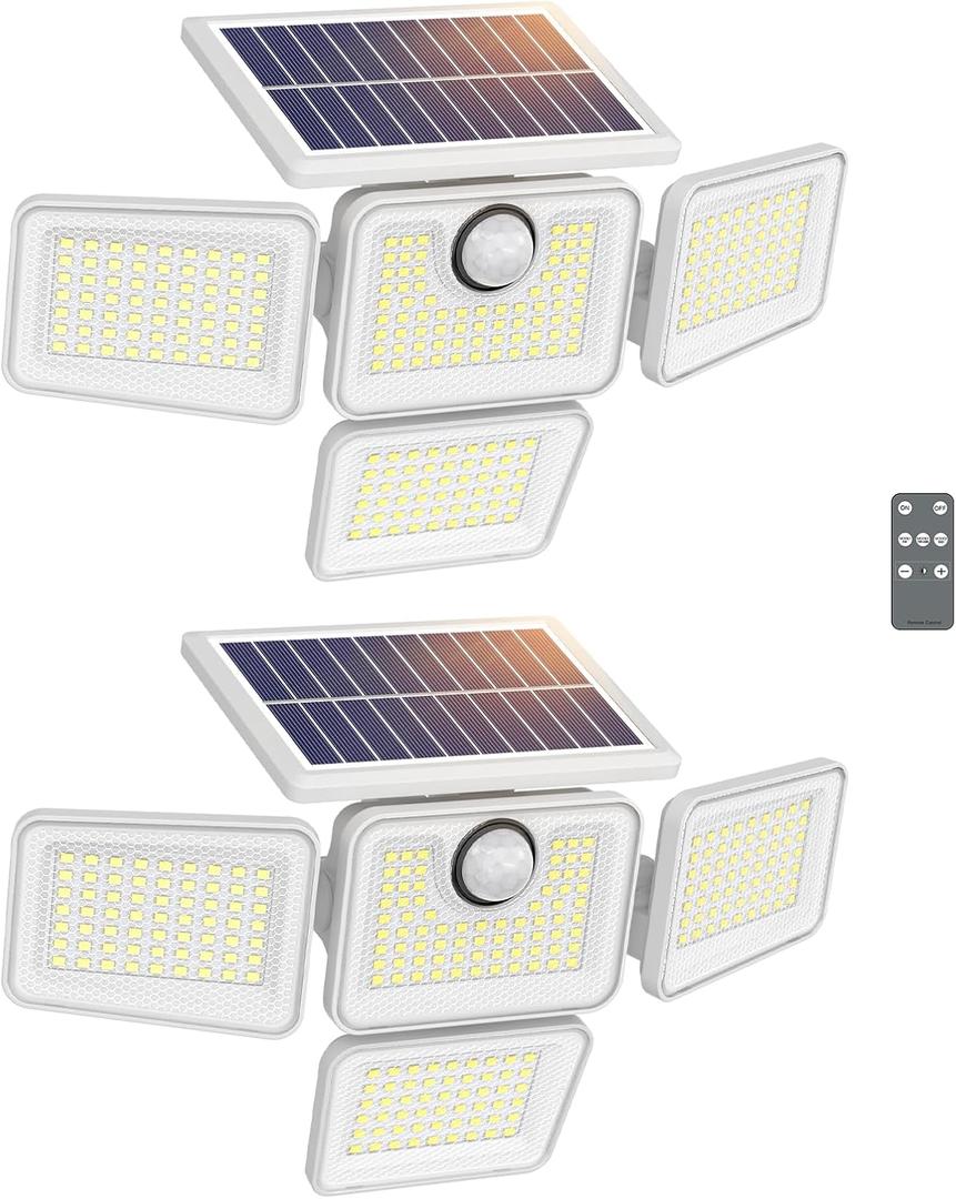 6000LM Solar Lights Outdoor Waterproof, 4 Heads Motion Sensor Outdoor Lights, Solar Flood Lights with Remote Control for Yard House Outside Garage 2 Pack White