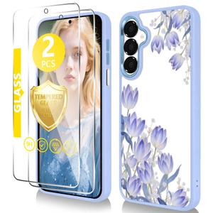 for Samsung Galaxy A15 5G Case6.5 inch with Tempered Glass Screen ProtectorSlim TPU & Hard PC Crystal Clear Cover , Elegant Floral Pattern Design for Girls Women( Galaxy A15-Tulip/Light Purple
