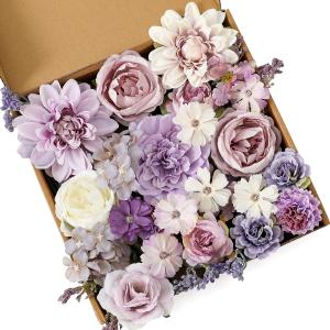 Kisflower Purple Artificial Flowers Combo Cake Flowers Decorations Fake Peony Silk Roses Gift Box for DIY Wedding Bridal Bouquet Centerpieces Arrangements Party Baby Shower Holiday Decor (Purple)