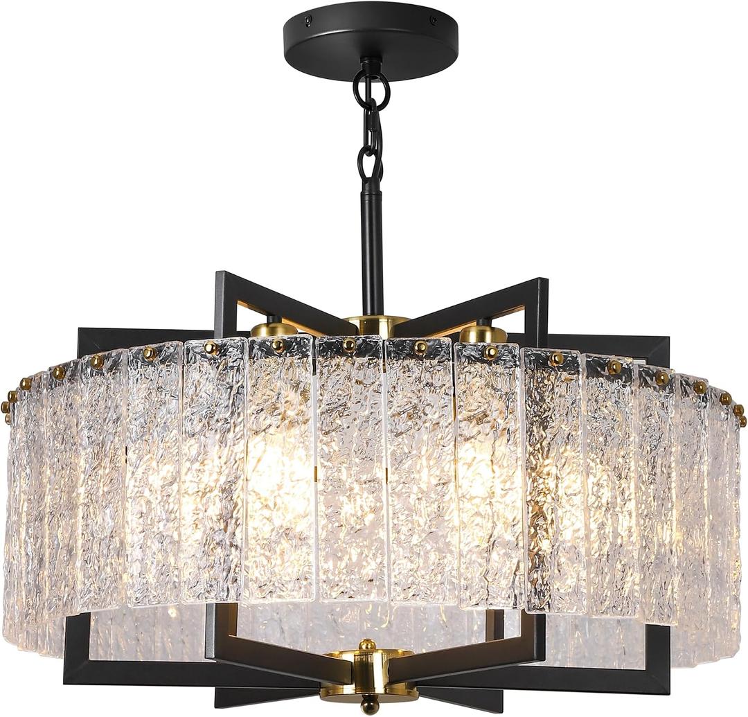 Modern Black Crystal Chandeliers for Dining Room, Elegant Chandelier Light Fixture for Kitchen Island, Water Ripple Glass, Drum Hanging Lights for Bar Table Entryway Foyer Hallway-24”