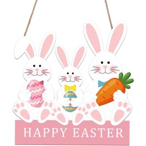 Whaline Easter Bunny Wooden Door Sign with String Hanging Plaque Cute Rabbit Hanging Sign for Holiday Outdoor Indoor Porch Wall Decor, 11.8 x 12.1 In