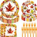 Fall Party Supplies - 96 Pcs Autumn Maple Leaf Disposable Tableware Set with Paper Plates, Napkins, Forks for Thanksgiving Harvest Party Decorations
