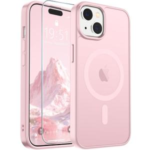 SUPFINE Magnetic for iPhone 15 Case with Screen Protector (Compatible with MagSafe) (Military Grade Drop Protection) Translucent Matte Shockproof Phone Cover,Light Pink