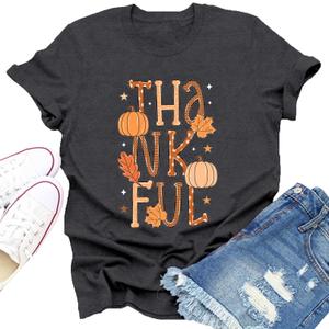 Thanksgiving Shirts for Women Thanksgiving T-Shirt Thankful Pumpkin Leaf Tee Tops (Small, Grey)