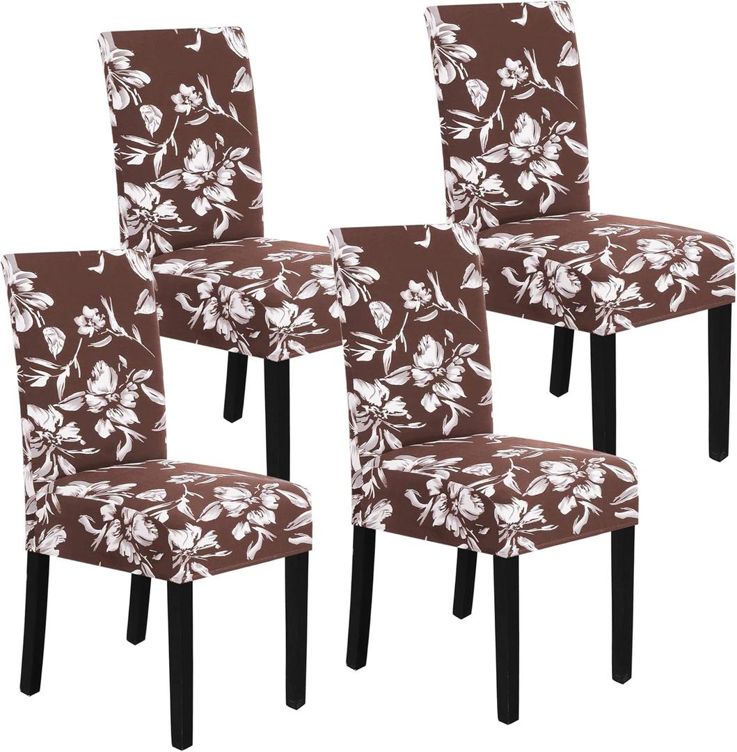 H.VERSAILTEX Stretch Dining Chair Covers Set of 4 Chair Covers for Dining Room Parsons Chair Slipcover Chair Protectors Covers Dining, Feature Modern Floral Printed Design, Chocolate