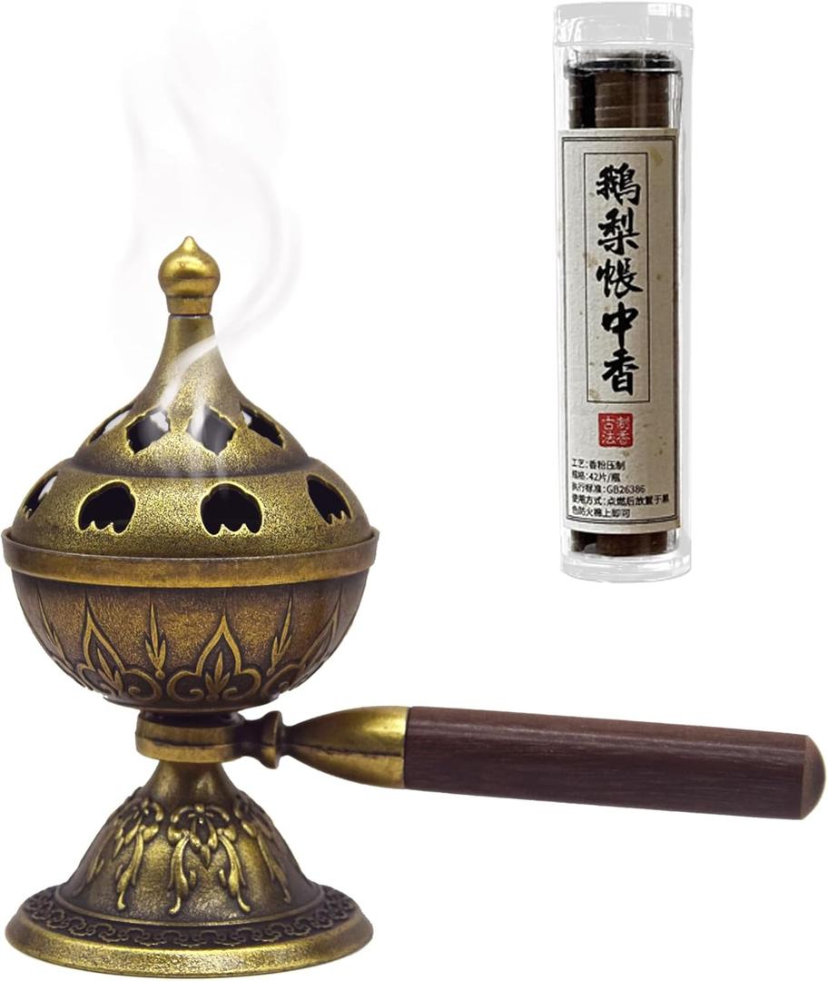 Handheld Incense Burner with 360 Rotating Handle-Chinese Bronze Style Holder for Incense Coils, Yoga Meditation, Home Office Desk Decor