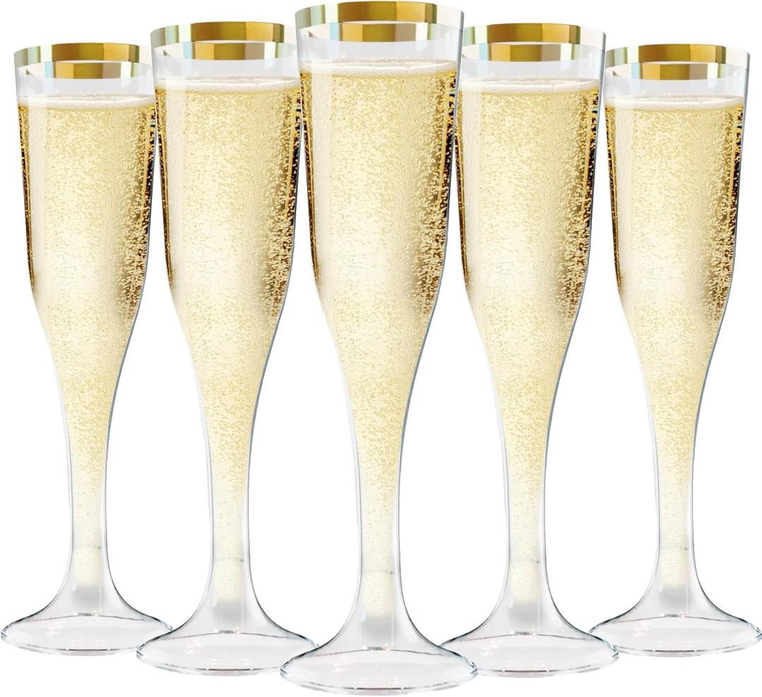 Zcaukya 100 Plastic Champagne Flutes, 4.5oz Clear Disposable Hard Stemware Cups with Golden Rim, Plastic Champagne Glasses for Wedding, Graduation Party, Bridal Shower, Birthday Party