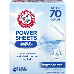 ARM & HAMMER Power Sheets Laundry Detergent, Fragrance Free, No Dyes or Perfumes, Lightweight and Travel-Friendly, 35 Count, Up to 70 Small Loads