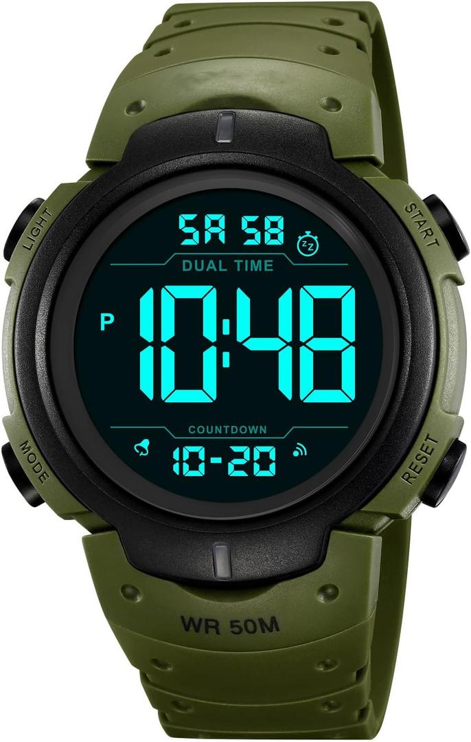 PASOY Mens Women Digital Watch Big Dial Light LED Swim Waterproof Rubber Band Alarm Black LED Watches 50MM (Army Green)