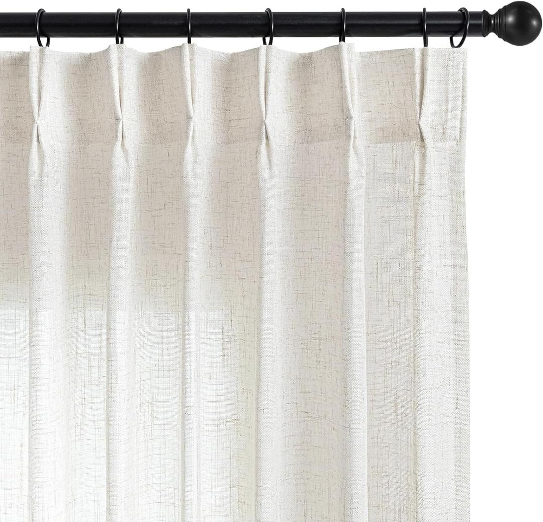 Joydeco Pinch Pleated Linen Curtains 90 Inch Long 2 Panel Set for Living Room, Semi Sheer Curtain for Bedroom, Back Tab Light Filtering Drapes with Adjustable Hooks (40”W x90”L, Off White)