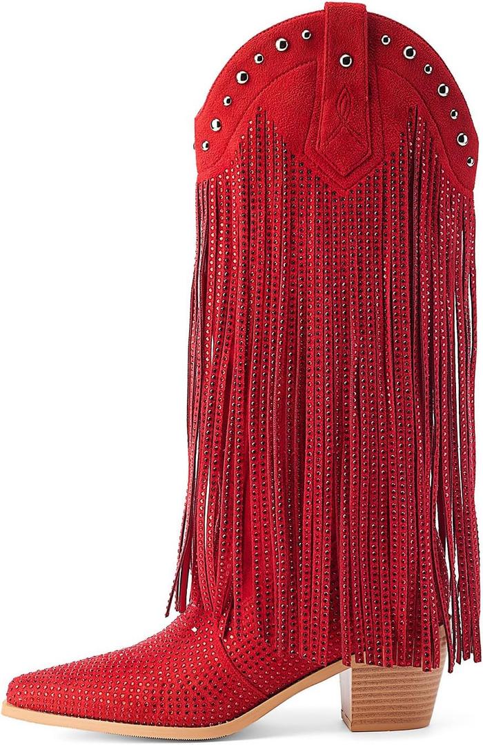 AIJIVOU Women's Rhinestone Fringe Cowgirl Boots, Sparkly Western Cowboy Boots Pointed Toe Knee Block Chunky Middle Heel Pull On Mid Calf Boots for Women Girl Party (12, Red)