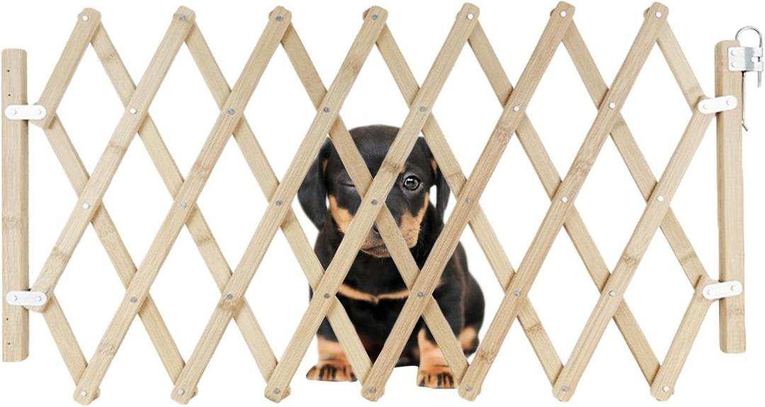 Wooden Dog Gate,Retractable Pet Fence Garden Lawn Portable Pet Safety Patio Garden Door Expandable Safety Protection for Small Puppy Medium Dogs Pets Doorway Stairs (S Size(Extended):32" x 18") (Natural Color)