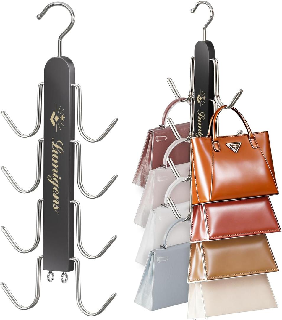 Purse Hanger, 2 Pack Purse Organizer for Closet with 16 Hooks for Heavy Bags, Sturdy Bag Storage, Rotatable Handbag Holder, Purse Rack Space Saving Backpack Hanging Closet Organizer Hangers, Black