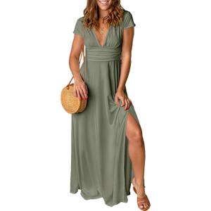 ANRABESS Women Summer Deep V Neck Short Sleeve Dresses Slit Elegant Wedding Guest Formal Cocktail Evening Maxi Long Dress (Green, L)