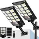 Solar Street Lights Outdoor Waterproof, 20000LM 6500K LED Motion Sensor Lights, Dusk to Dawn Solar Flood Lights with Remote, Solar-Powered Parking Lot Light, Commercial Area Lighting for Outside 2Pack